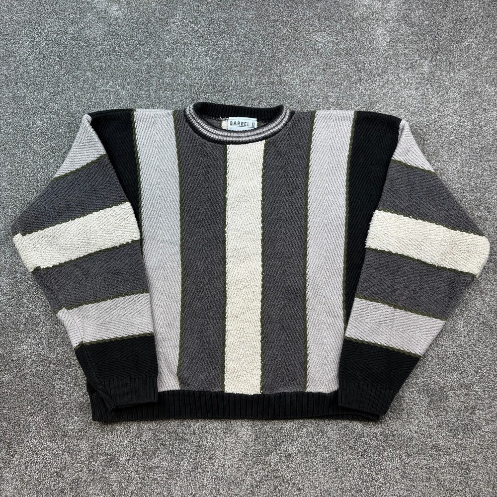 Vintage Barrel II Sweater Mens Large Black White Vertical Stripes Chunky Knit